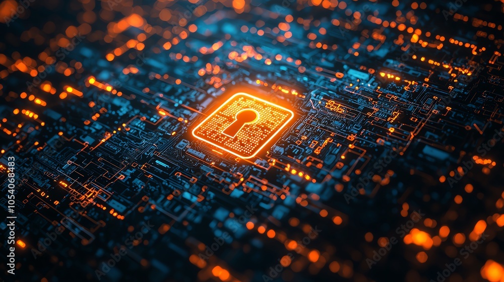 Poster digital security concept featuring a glowing lock symbol on a circuit board, representing data prote