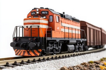 Obraz premium Orange model train engine on track closeup