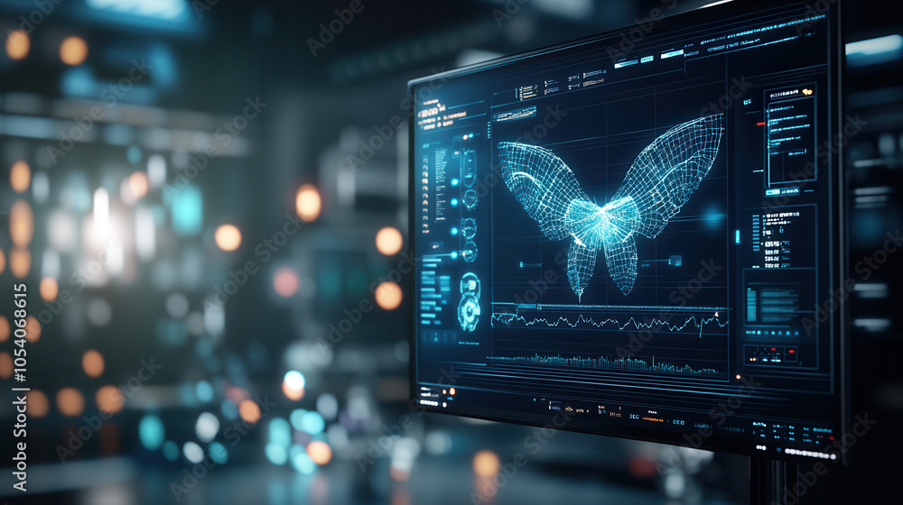 Poster futuristic digital display showcases holographic butterfly design, surrounded by high tech interface
