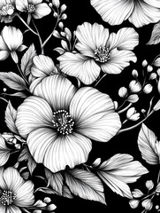 Fototapeta premium Black and white drawing of flowers with a black background. The flowers are drawn in a stylized way, with a focus on their petals and stems