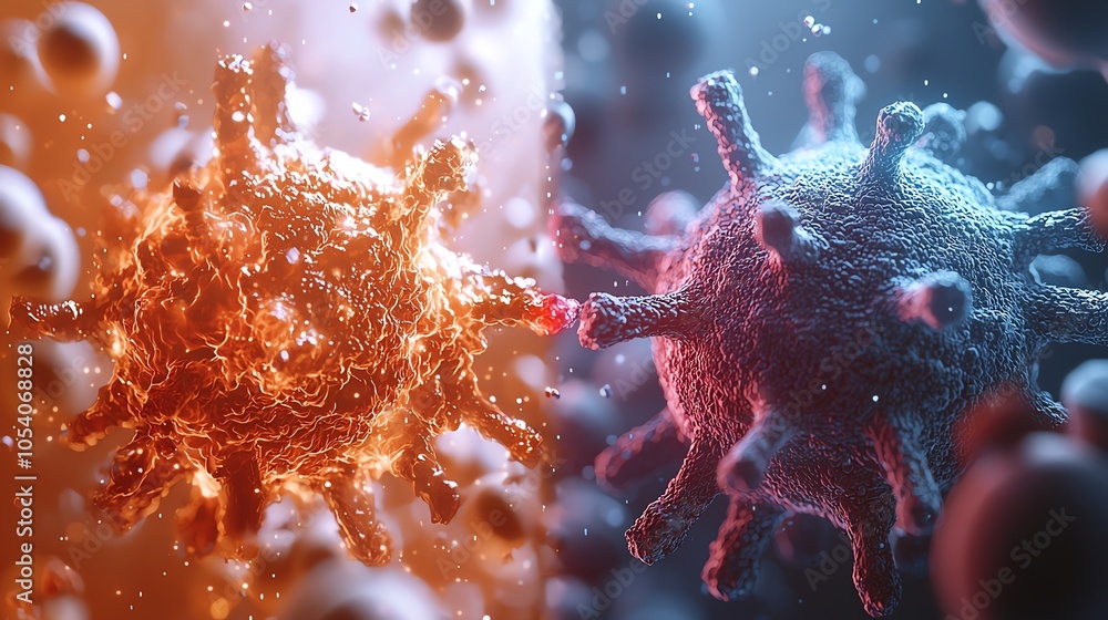 Poster dynamic visual of contrasting viruses, showcasing intricate details and textures in vivid colors, pe