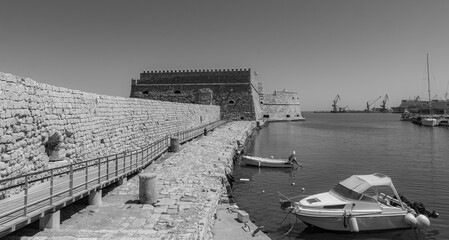 B&W panorama of the Venetian fortress in Heraklion, Crete island, Greece.