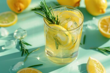 Fototapeta premium Glass of lemonade with a sprig of rosemary on top. The glass is filled with ice and lemon slices