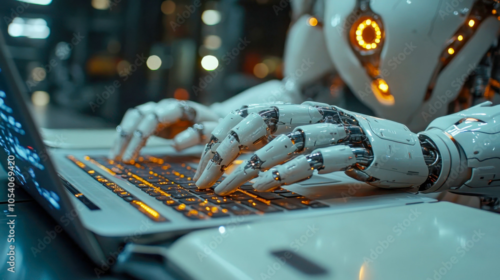 Poster close-up of robot hands typing on a laptop keyboard