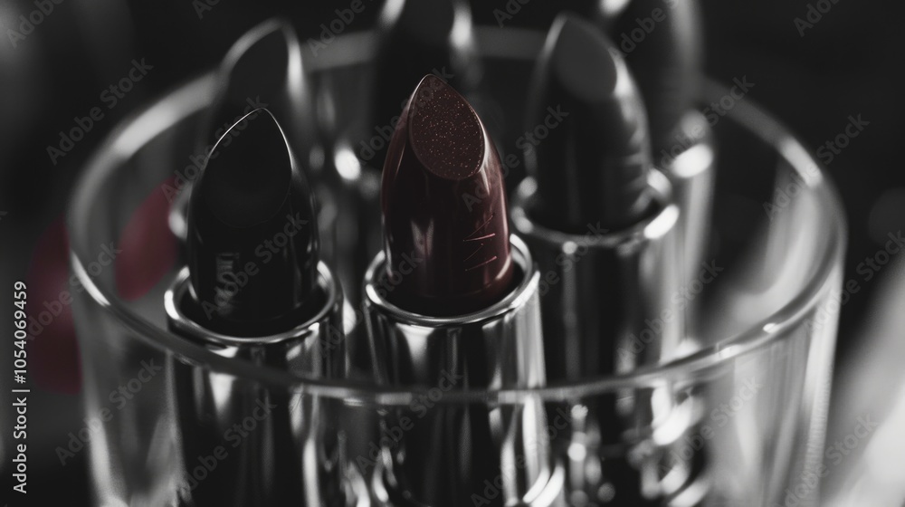 Poster Collection of black and brown lipsticks are displayed in a glass bowl. The lipsticks are arranged in a way that they are all facing the same direction, creating a sense of unity and harmony