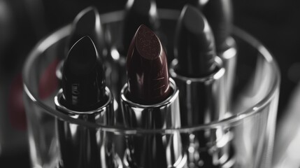 Collection of black and brown lipsticks are displayed in a glass bowl. The lipsticks are arranged in a way that they are all facing the same direction, creating a sense of unity and harmony