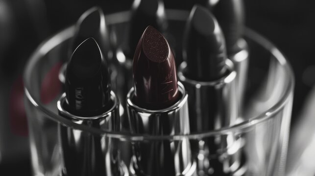Collection of black and brown lipsticks are displayed in a glass bowl. The lipsticks are arranged in a way that they are all facing the same direction, creating a sense of unity and harmony