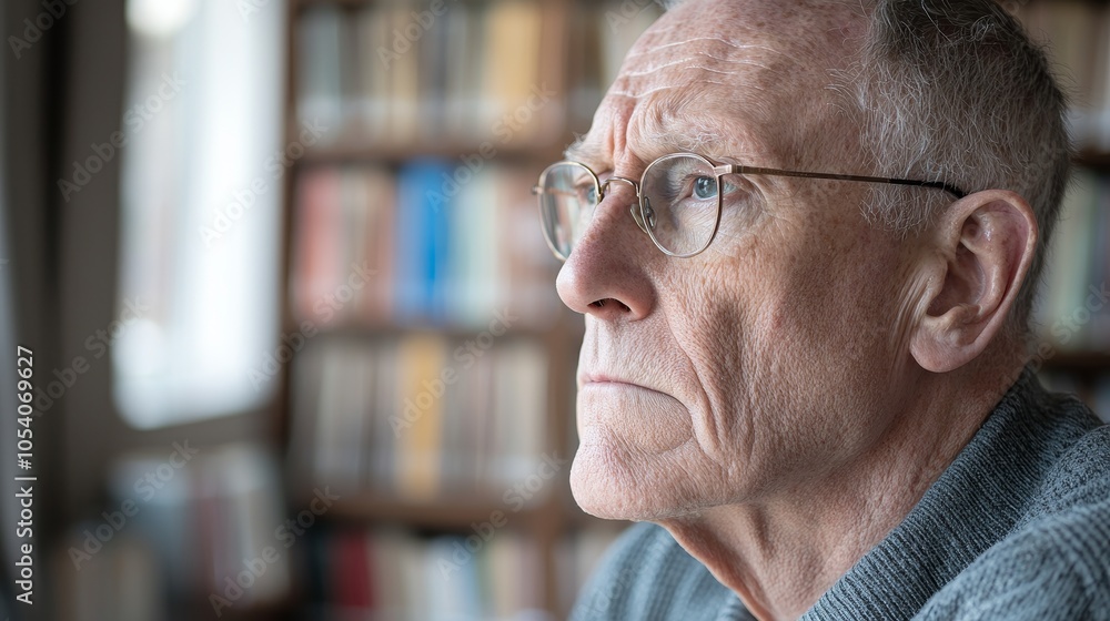 Poster contemplation and reflection an elderly man lost in thought amidst a library of knowledge and experi