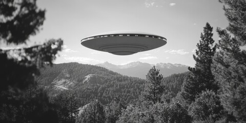 Naklejka premium Black and white photo of a UFO flying over a forest. Scene is mysterious and otherworldly