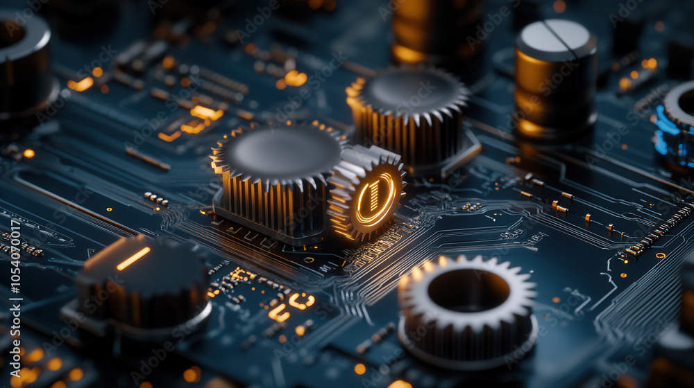 Poster intricate close up of circuit board showcasing metallic components and glowing elements, representin
