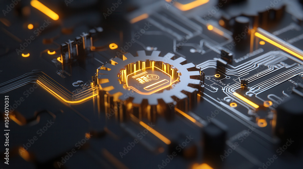 Poster intricate close up of circuit board featuring central microchip illuminated by glowing orange lines,