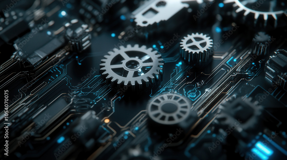 Poster intricate close up of gears and circuit patterns, showcasing fusion of mechanical and electronic ele