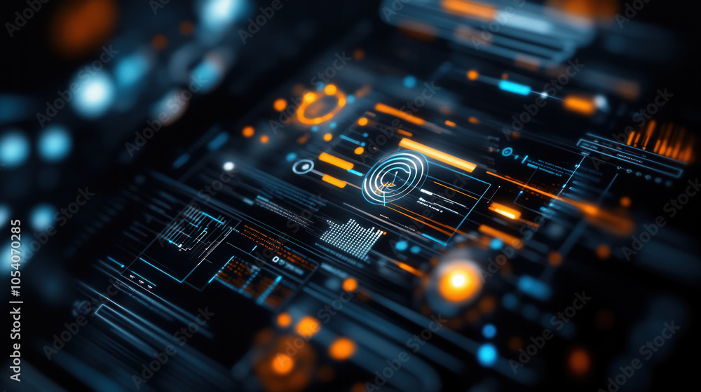 Poster digital technology interface showcasing data visualization and analytics, featuring vibrant blue and