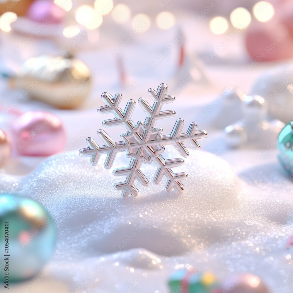 Poster a charming 3d snowflake design resting on a snowy white surface, surrounded by soft pastel colors. t