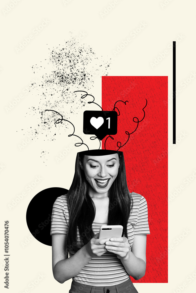 Poster vertical composite artwork collage image picture of girl use phone like notification head isolated o