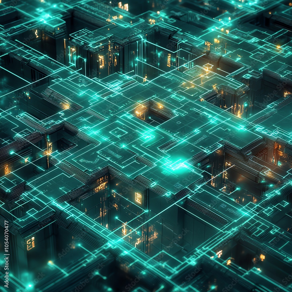 Poster futuristic digital cityscape with glowing circuitry patterns, representing advanced technology and i