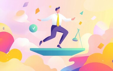  A flat design vector image of a businessman in a yellow tie leaping over a vibrant performance scale. 