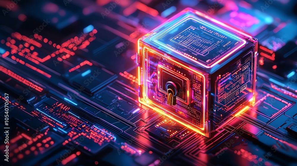 Poster futuristic digital lock with neon effects on a circuit board, representing advanced security technol