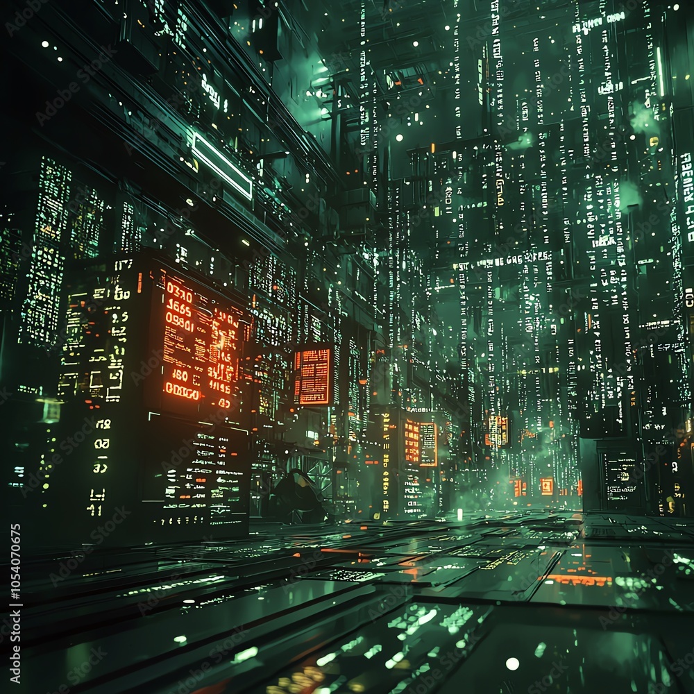 Poster futuristic digital landscape with glowing data streams and neon lights creating a tech-inspired atmo