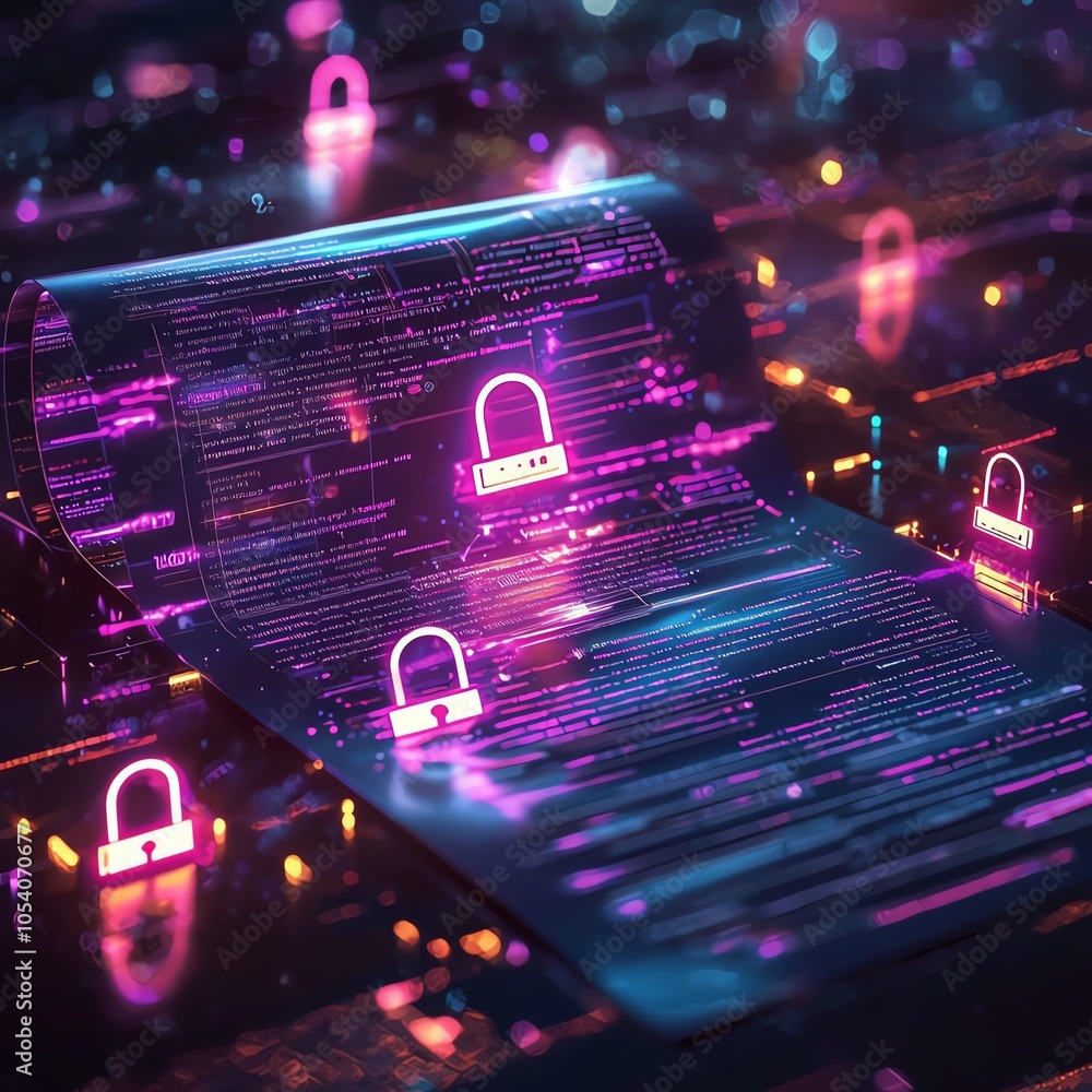 Poster futuristic digital security concept featuring glowing locks and data streams, emphasizing technology