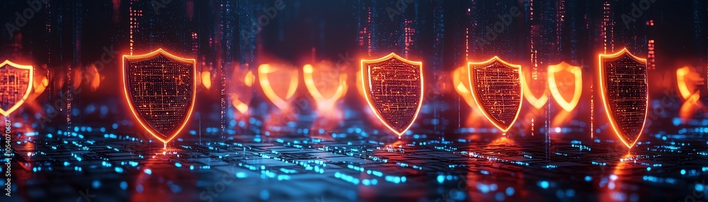 Poster futuristic digital network with glowing shields symbolizing cybersecurity and protection against thr