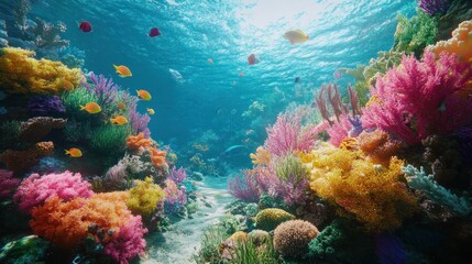 Fototapeta premium A vibrant underwater scene with colorful coral reefs and fish swimming in the clear blue water.