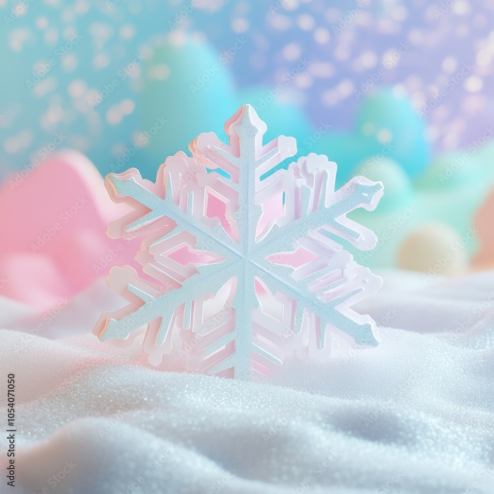 Poster a charming 3d snowflake design resting on a snowy white surface, surrounded by soft pastel colors. t