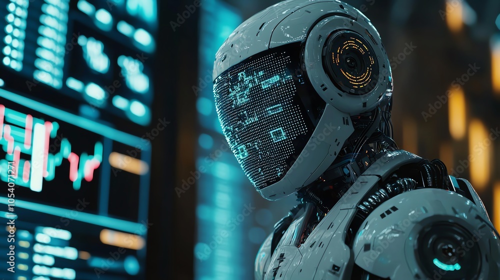 Poster futuristic robot in a high-tech environment, showcasing advanced technology and digital displays.