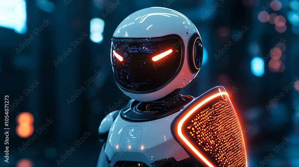 Poster futuristic robot with glowing features stands in a high-tech environment, showcasing advanced techno