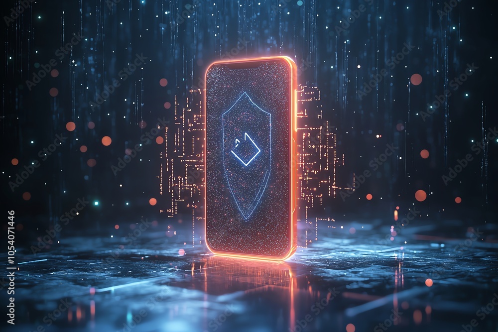 Poster futuristic smartphone design with glowing shield icon, representing digital security and technology 