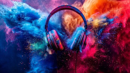 Headphones showcased against vibrant, abstract backdrop signify modern tech innovation. Dynamic colors and focus highlight design and connectivity.