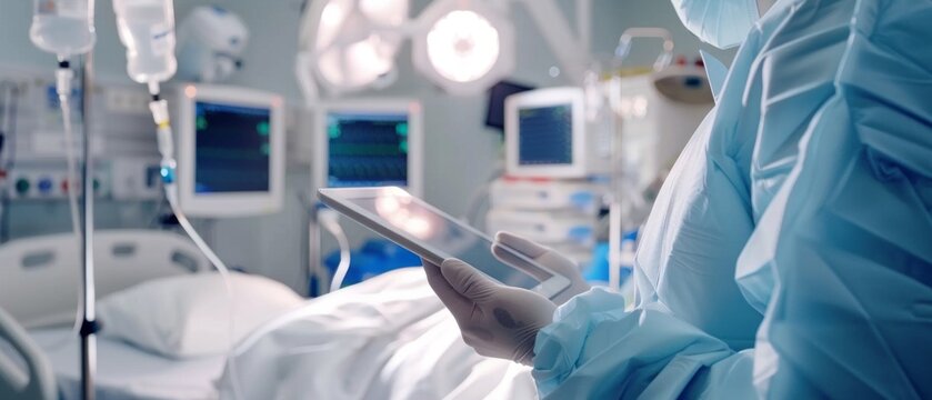 A healthcare professional in a hospital room, wearing protective gear, monitors a patient using a digital tablet amid medical equipment in a serious setting.