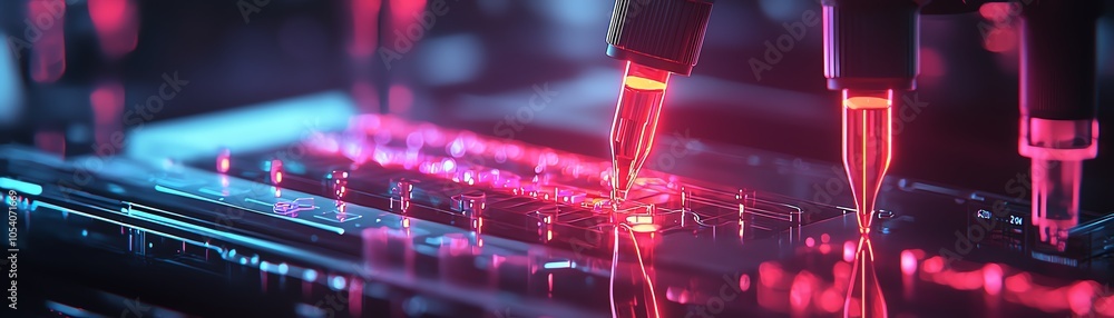 Poster high-tech close-up of automated machinery working on a circuit board with vibrant neon lights in a m