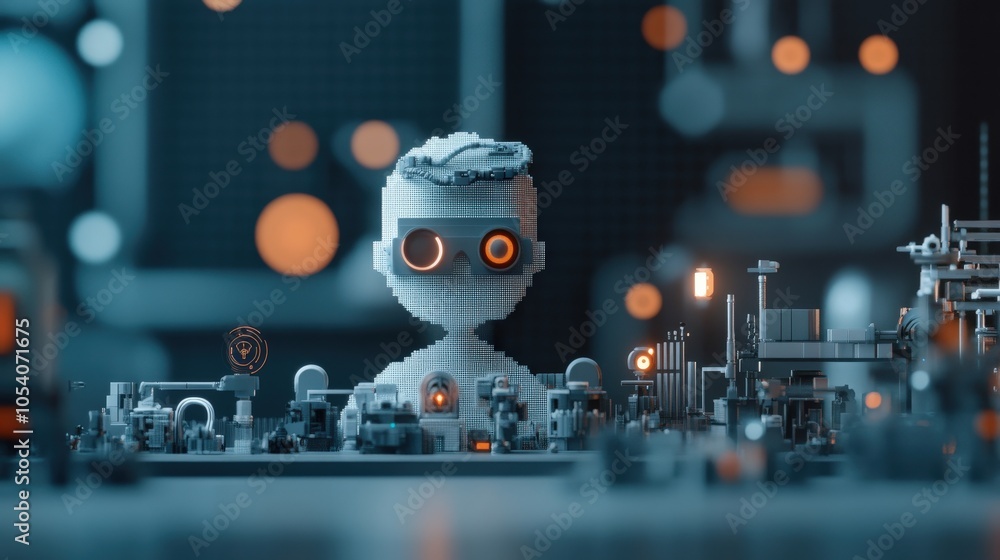 Poster futuristic robot figure surrounded by advanced technology in a detailed environment