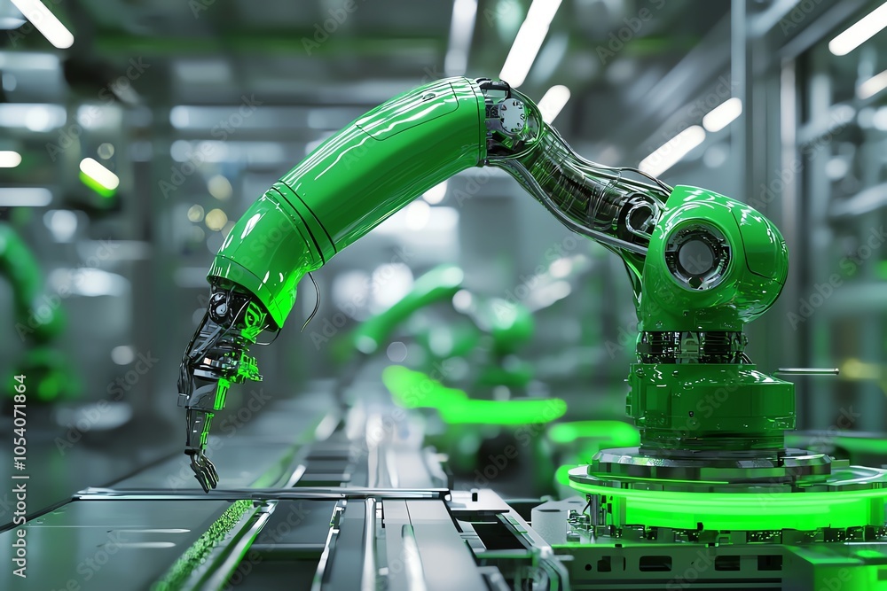 Poster innovative robotic arm in a modern factory setting, showcasing advanced technology and automation in