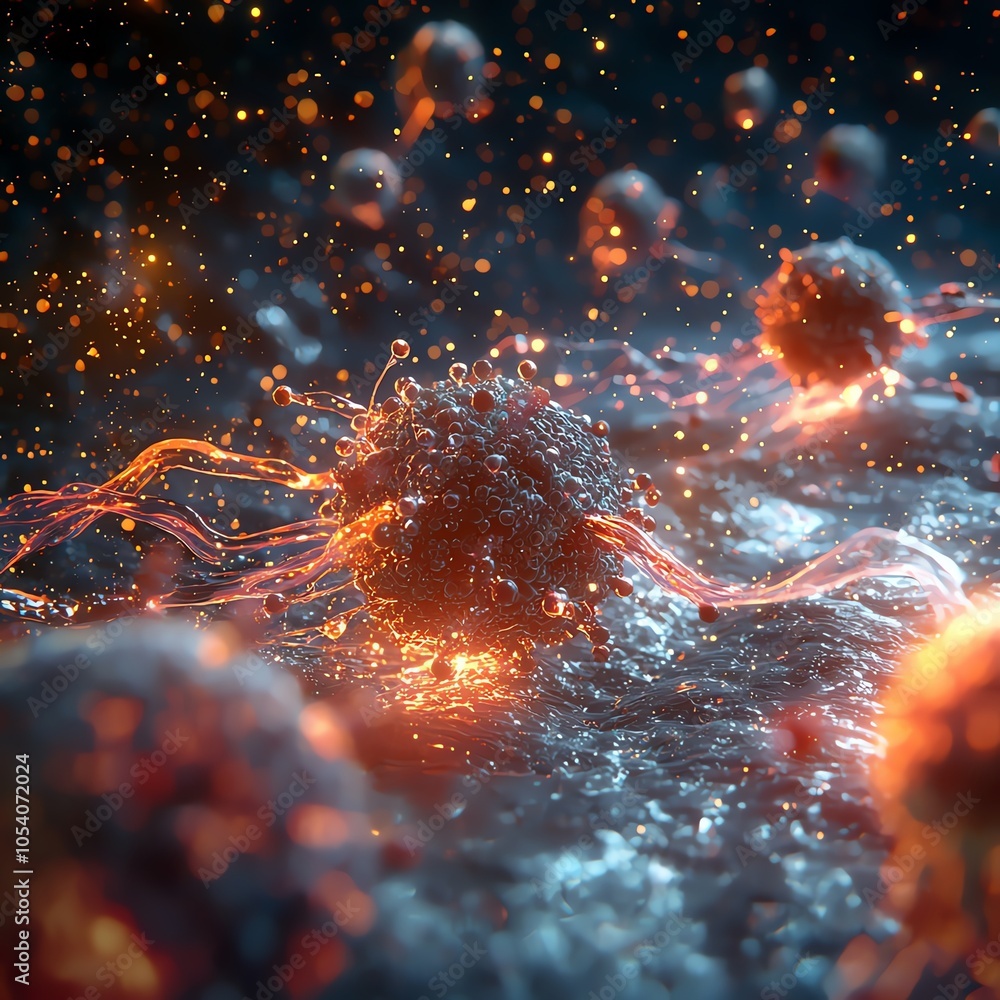 Poster microscopic view of glowing cells in dynamic motion, representing biological processes and interacti