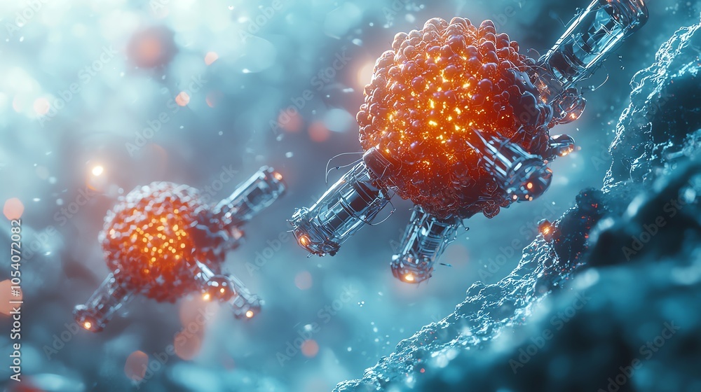 Poster microscopic view of vibrant virus particles showcasing intricate details and glowing elements in a s