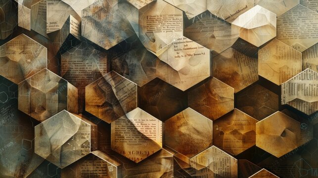 Image of honeycomb-like wall made of newsprint hexagons with sentences and equations, some blurred. Sepia-toned background evokes nostalgia.