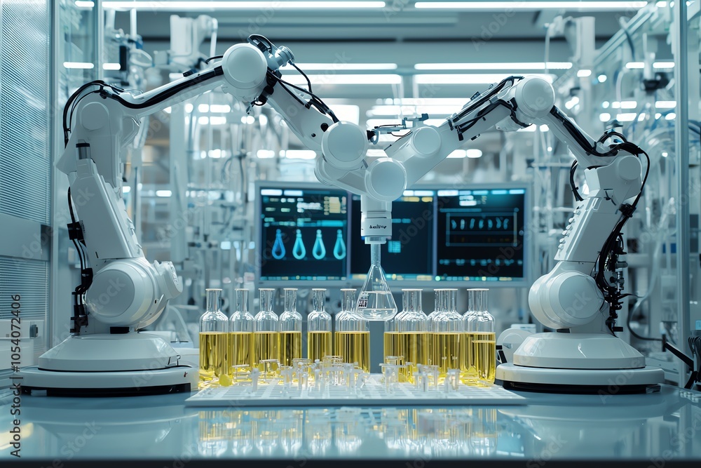 Poster robotic arms performing automated tasks in a modern laboratory, showcasing advanced technology and p