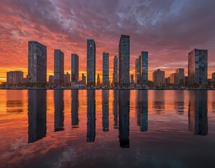 Obraz premium Stunning sunset reflects off modern buildings near a calm waterway in a vibrant urban landscape