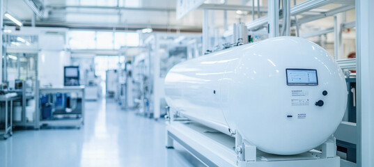 Sterile high-tech manufacturing plant showing modern equipment and piping
