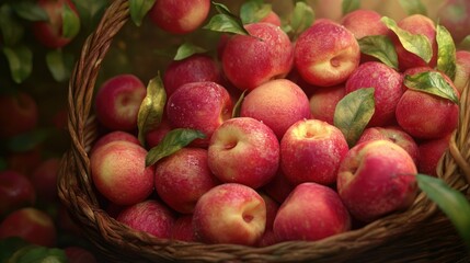 Freshly picked pink peaches with leaves attached, arranged in a basket, capturing the natural colors and textures of ripe summer fruits