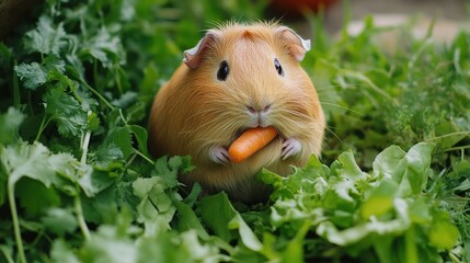 A cute guinea pig munching on a piece of carrot, surrounded by fresh greens
