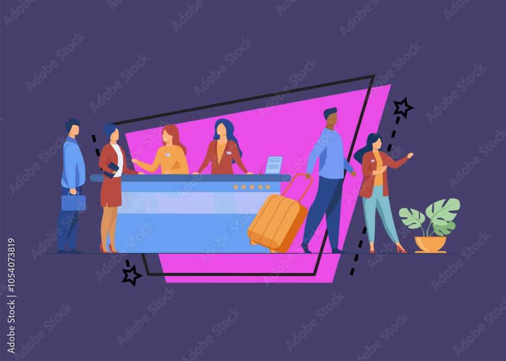 Poster friendly receptionists from hotel registration desk help client vector illustration. people waiting 