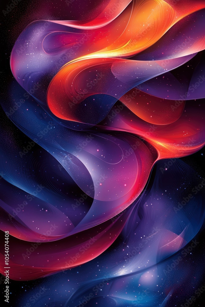 Poster abstract wavy pattern with glowing lights and stars in a dark background
