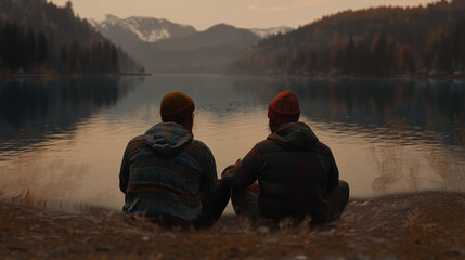 Golden Hour by the Lake: Friends Sharing Winter Moments