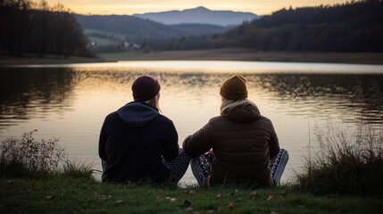 Fototapeta premium Golden Hour by the Lake: Friends Sharing Winter Moments