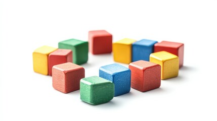 Fototapeta premium Colorful wooden toy blocks arranged in a circle on a white background, ideal for educational and creative projects and designs.