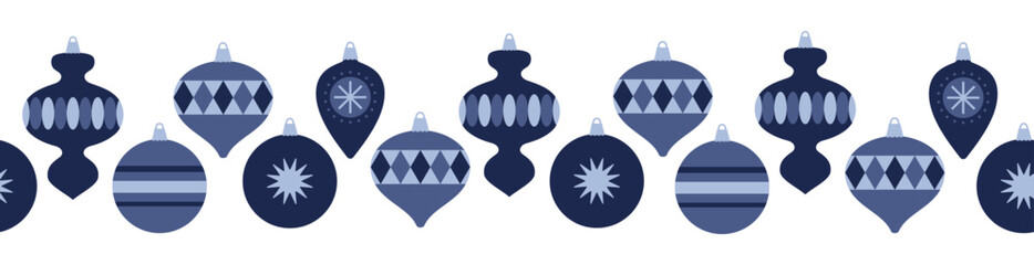 Obraz premium Christmas seamless border with christmas tree decoration in blue colors. Flat style. Template for winter holidays design. Vector illustration