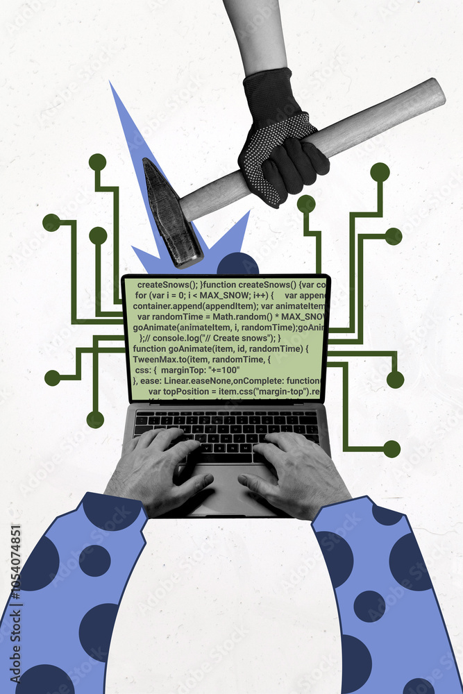 Poster vertical photo collage of hands type laptop java script software code arm hold hammer repair develop